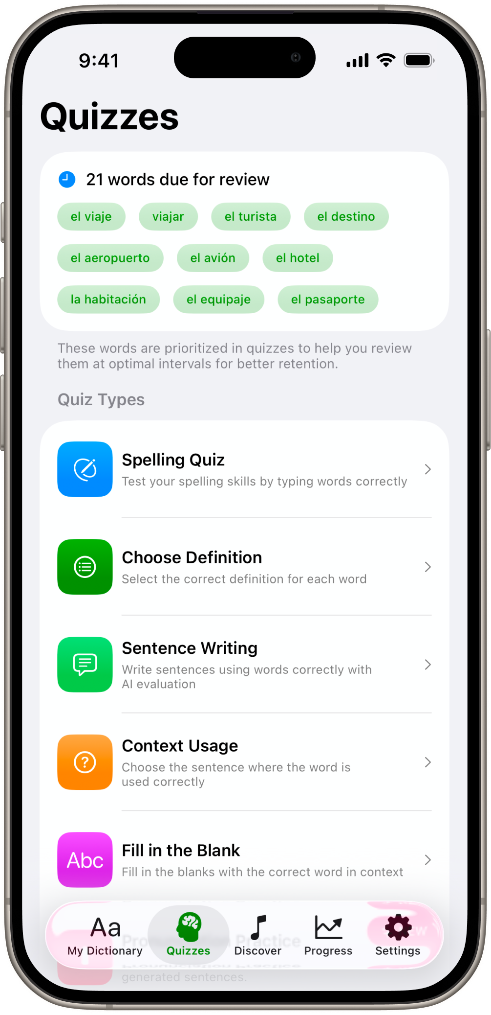Practice Your Words with Quizzes
