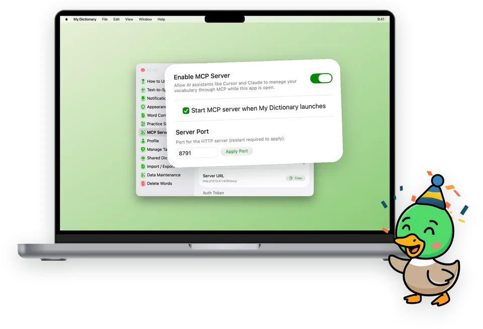 My Dictionary on a MacBook with the MCP Server settings